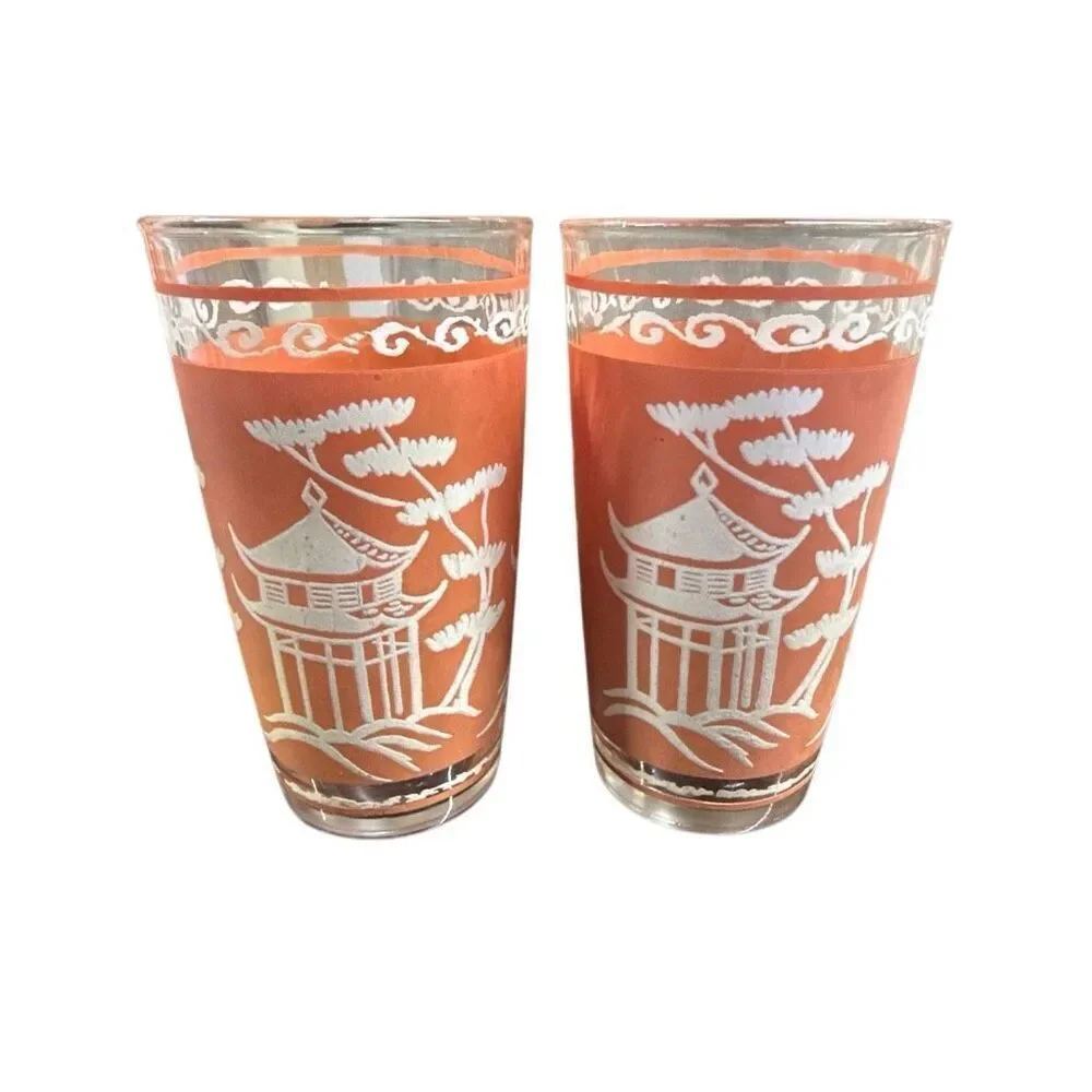 Hazel Atlas Dyball Coral Pagoda Glass Tumblers Set of 2
